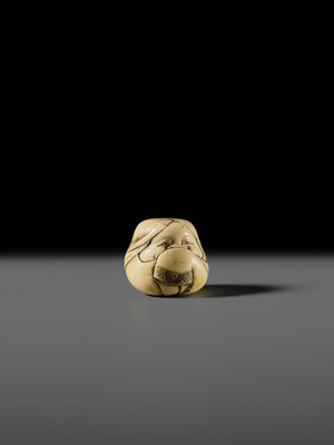 Lot 144 - DOSHO: A FINE OSAKA SCHOOL IVORY NETSUKE OF OKAME AS ONNA DARUMA