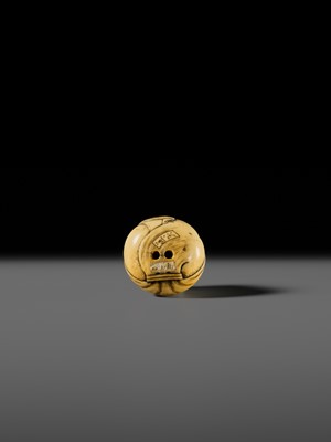 Lot 144 - DOSHO: A FINE OSAKA SCHOOL IVORY NETSUKE OF OKAME AS ONNA DARUMA