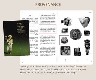 Lot 144 - DOSHO: A FINE OSAKA SCHOOL IVORY NETSUKE OF OKAME AS ONNA DARUMA