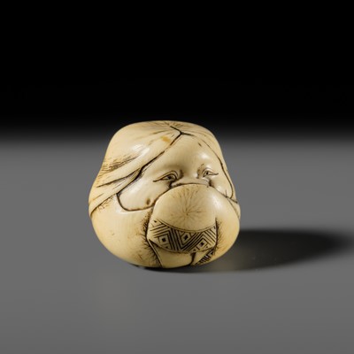 Lot 144 - DOSHO: A FINE OSAKA SCHOOL IVORY NETSUKE OF OKAME AS ONNA DARUMA
