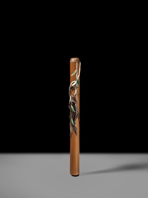 Lot 72 - HASEGAWA IKKO: A SUPERB AND LARGE INLAID BAMBOO KISERUZUTSU (PIPE CASE) DEPICTING A SPARROW AND FOLIAGE