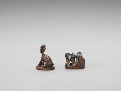 Lot 250 - TWO WOOD NETSUKE OF MYTHICAL BEINGS