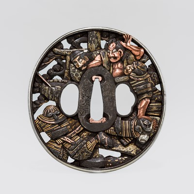 Lot 1155 - YOSHITSUGU: A SOTEN SCHOOL IRON SUKASHI TSUBA WITH WARRIORS