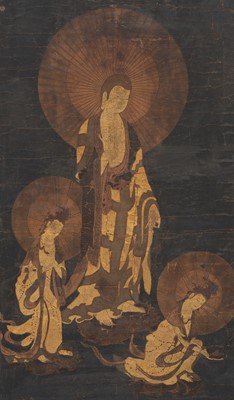 A BUDDHIST PAINTING DEPICTING AMIDA RAIGO (DESCENT OF AMITABHA BUDDHA) TRIAD, KAMAKURA TO MUROMACHI PERIOD