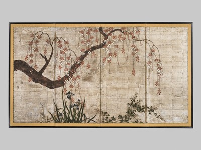 Lot 310 - A FINE FOUR-PANEL BYOBU (FOLDING SCREEN) DEPICTING WILLOW AND IRIS BLOSSOMS