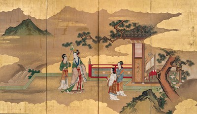 Lot 1321 - KAIHO YUTOKU: A FINE KAIHO SCHOOL FOUR-PANEL BYOBU (FOLDING SCREEN) DEPICTING YOKIHI (YANG GUIFEI) WITH ATTENDANTS
