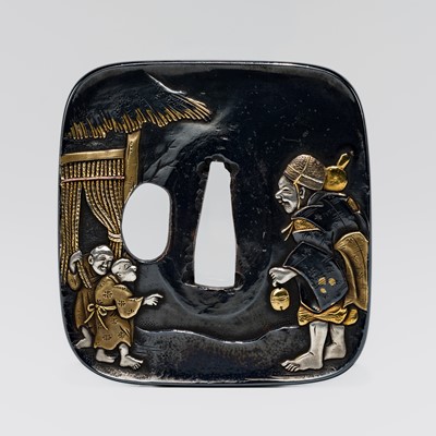 A FINE SHAKUDO ‘TEMPLE WATCHMAN’ TSUBA