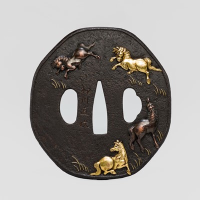 Lot 579 - YANAGAWA NAOMASA: A FINE YANAGAWA SCHOOL IRON TSUBA WITH FIVE HORSES