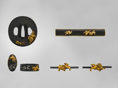 A FINE SHAKUDO ‘PRANCING BUDDHIST LIONS’ MITOKOROMONO SET (KOZUKA, TSUBA, FUCHI, KASHIRA, AND A PAIR OF MENUKI)