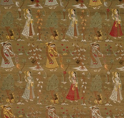 Lot 603 - AN EMBROIDERED RUMAL WITH MUSICIANS AND DANCERS, PUNJAB HILLS
