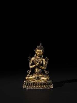 Lot 15 - A GILT COPPER-ALLOY FIGURE OF VAJRADHARA, TIBET, CIRCA 15TH CENTURY