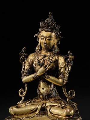 Lot 15 - A GILT COPPER-ALLOY FIGURE OF VAJRADHARA, TIBET, CIRCA 15TH CENTURY