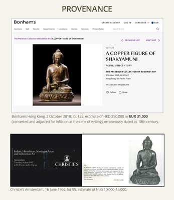 Lot 12 - AN INCSCRIBED GILT-COPPER FIGURE OF BUDDHA SHAKYAMUNI, NEPAL, LATE 13TH-EARLY 14TH CENTURY