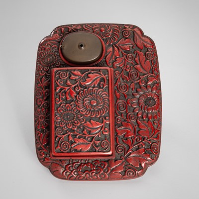 Lot 123 - AN UNUSUAL TSUISHU LACQUER WRITING SET WITH FLOWERS