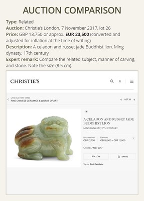 A CELADON JADE CARVING OF A BUDDHIST LION, LATE MING TO EARLY QING DYNASTY