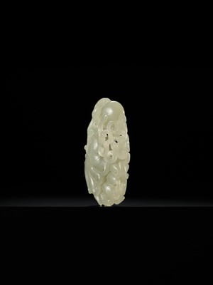 A RETICULATED ‘CHILONG AND FINGER CITRON’ CELADON JADE PENDANT, QING DYNASTY