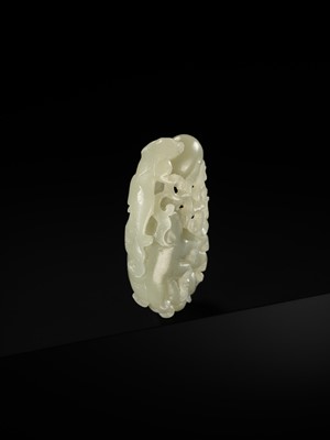 A RETICULATED ‘CHILONG AND FINGER CITRON’ CELADON JADE PENDANT, QING DYNASTY