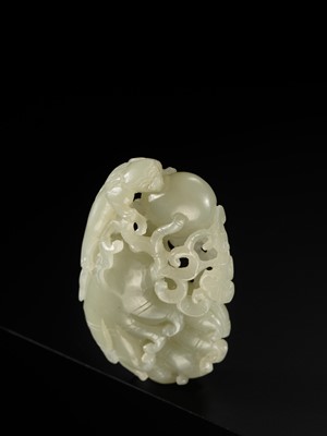 A RETICULATED ‘CHILONG AND FINGER CITRON’ CELADON JADE PENDANT, QING DYNASTY
