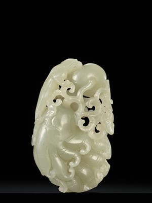 A RETICULATED ‘CHILONG AND FINGER CITRON’ CELADON JADE PENDANT, QING DYNASTY