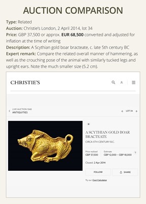 Lot 184 - A PAIR OF LARGE GOLD ‘RAM’ ORNAMENTS, EURASIAN STEPPES, CIRCA 3RD-2ND CENTURY BC OR EARLIER