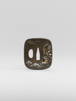 Lot 72 - MORITA MOTOTOSHI: A FINE SHIBUICHI TSUBA WITH RIHAKU IN A WINTER SCENE