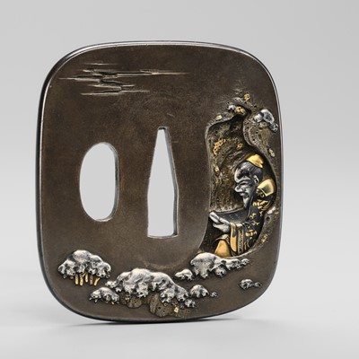 Lot 72 - MORITA MOTOTOSHI: A FINE SHIBUICHI TSUBA WITH RIHAKU IN A WINTER SCENE