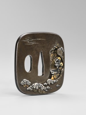 Lot 72 - MORITA MOTOTOSHI: A FINE SHIBUICHI TSUBA WITH RIHAKU IN A WINTER SCENE