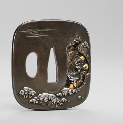 Lot 72 - MORITA MOTOTOSHI: A FINE SHIBUICHI TSUBA WITH RIHAKU IN A WINTER SCENE