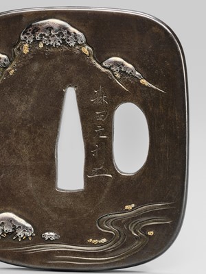 Lot 72 - MORITA MOTOTOSHI: A FINE SHIBUICHI TSUBA WITH RIHAKU IN A WINTER SCENE