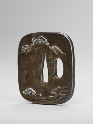 Lot 72 - MORITA MOTOTOSHI: A FINE SHIBUICHI TSUBA WITH RIHAKU IN A WINTER SCENE
