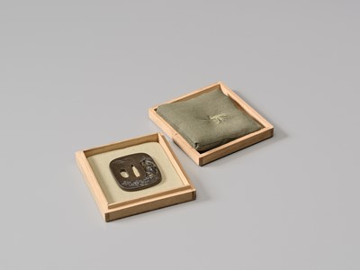 Lot 72 - MORITA MOTOTOSHI: A FINE SHIBUICHI TSUBA WITH RIHAKU IN A WINTER SCENE