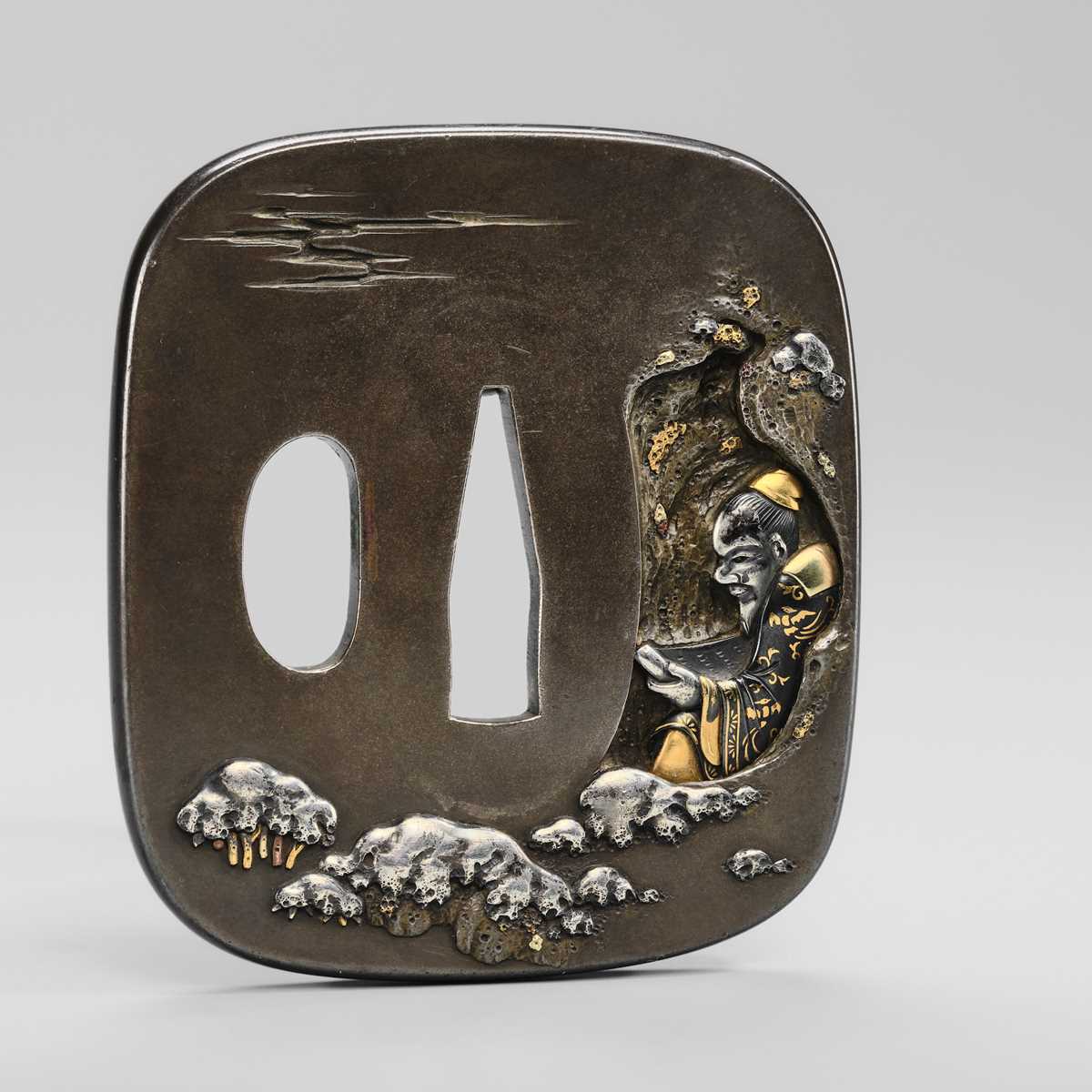 Lot 72 - MORITA MOTOTOSHI: A FINE SHIBUICHI TSUBA WITH RIHAKU IN A WINTER SCENE