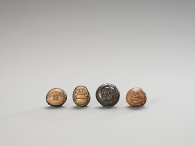 Lot 427 - THREE TAGUA NUT AND ONE PRESSED HORN NETSUKE DEPICTING HOTEI