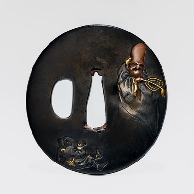 HAMANO NAOYUKI: A FINE HAMANO SCHOOL SHAKUDO ‘MINOGAME EXHALING FUKUROKUJU’ TSUBA