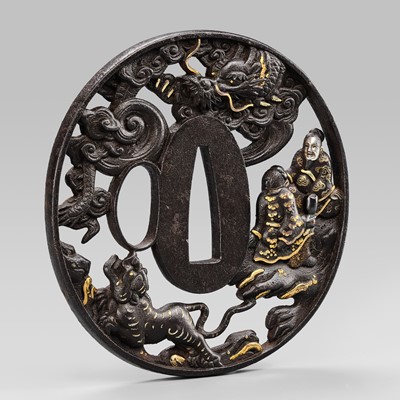 Lot 567 - A FINE SOTEN SCHOOL IRON TSUBA WITH IMMORTALS, DRAGON, AND TIGER