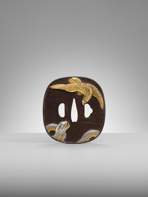 Lot 57 - A SUPERB AND LARGE BAKUMATSU IRON TSUBA WITH A GOLD EAGLE AND SILVER SNAKE