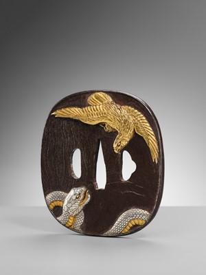Lot 57 - A SUPERB AND LARGE BAKUMATSU IRON TSUBA WITH A GOLD EAGLE AND SILVER SNAKE