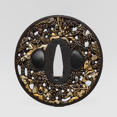 Lot 1156 - A SOTEN SCHOOL IRON ‘SEVEN SAGES OF THE BAMBOO GROVE’ TSUBA
