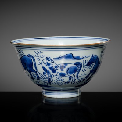 Lot 235 - A FINE BLUE AND WHITE ‘HORSES’ BOWL, QING DYNASTY