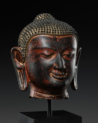 Lot 650 - AN EXPRESSIVE DRY LACQUER HEAD OF BUDDHA, PAGAN STYLE, BURMA, 18TH-19TH CENTURY