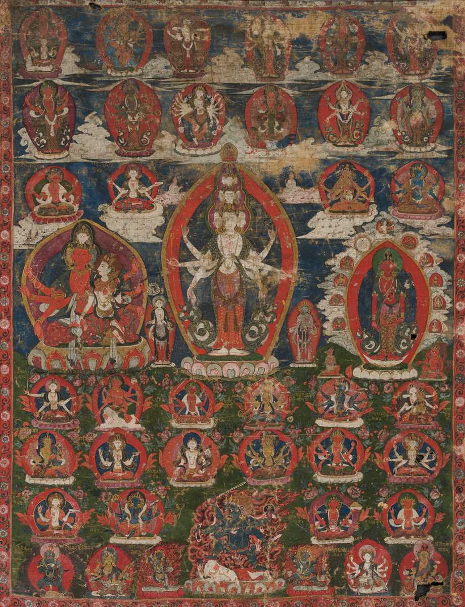 Lot 39 - A PAUBHA DEPICTING AVALOKITESHVARA, CHAKRASAMVARA HERUKA AND VIGHNANTAKA BHAIRAVA, NEPAL, 18TH CENTURY