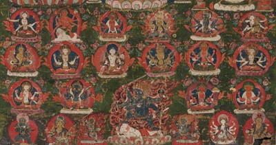 Lot 39 - A PAUBHA DEPICTING AVALOKITESHVARA, CHAKRASAMVARA HERUKA AND VIGHNANTAKA BHAIRAVA, NEPAL, 18TH CENTURY