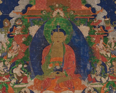 Lot 36 - A THANGKA DEPICTING BUDDHA AMITABHA IN SUKHAVATI HEAVEN, 18TH CENTURY