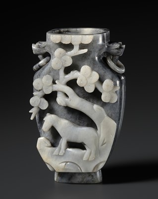 Lot 187 - A GRAY AND WHITE JADE ‘HORSE AND PINE’ VASE, QING DYNASTY