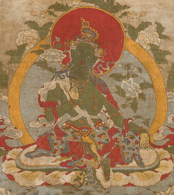 Lot 43 - A SILK EMBROIDERED THANGKA OF GREEN TARA, 18TH-19TH CENTURY