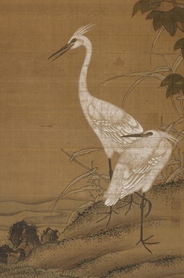 A SILK PAINTING OF EGRETS AND PEONIES, QING DYNASTY