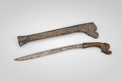 Lot 1380 - A HORN AND SILVER-ALLOY REPOUSSÉ DAGGER (GOLOK OR PEDANG), 19TH CENTURY