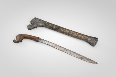 Lot 1380 - A HORN AND SILVER-ALLOY REPOUSSÉ DAGGER (GOLOK OR PEDANG), 19TH CENTURY