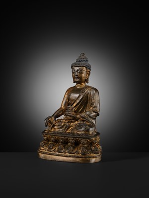 Lot 60 - A GILT-LACQUERED BRONZE FIGURE OF THE MEDICINE BUDDHA, BHAISHAJYAGURU, MING DYNASTY