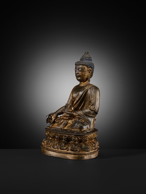 Lot 60 - A GILT-LACQUERED BRONZE FIGURE OF THE MEDICINE BUDDHA, BHAISHAJYAGURU, MING DYNASTY